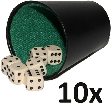 10 Würfelbecher & 60 Stück Würfel Knobelbecher im 10er Sparset Spielewürfel, Becher außen schwarz, innen grüner Stoff, Würfel beige
