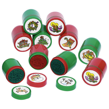 10 selbstfärbende Stempel Weihnachtsmotive in grün-rot, Motive u.A. Rentier, Weihnachtsmanngesicht, Schneemann, Kerze, Glocken, Tannenbaum, Geschenk, Weihnachtskranz, Nikolausstrumpf, Stempelfarben: Rot,Grün