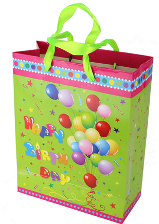 2er Set Geschenktüte für Geburtstag, farbenfroh in hellgrün mit bunten Luftballons und Schriftzug "Happy Birthday"