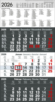 3-Monatskalender 2026 als grauer Kontrast- Wandkalender