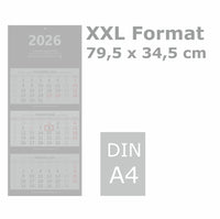 XXL 3- Monatskalender 2026 im Formatsvergleich mit DIN A4