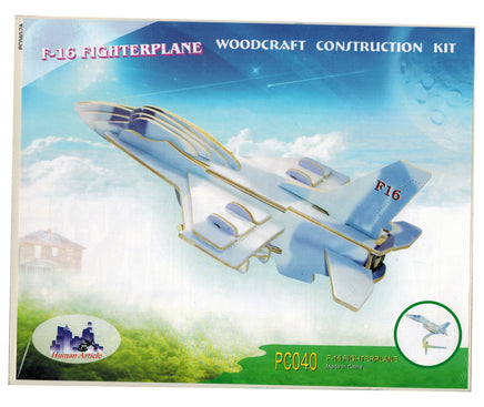 3D Holzbausatz F-16 Kampfflugzeug, helles Holz, Flugzeug hellblau