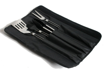 5 tlg. Edelstahl Grillbesteck Set bestehend aus: 1 Wender, 1 Gabel, 1 Grillzange mit Arretierung, 1 Pinsel mit Silikonborsten, 1 schwarze Falttasche