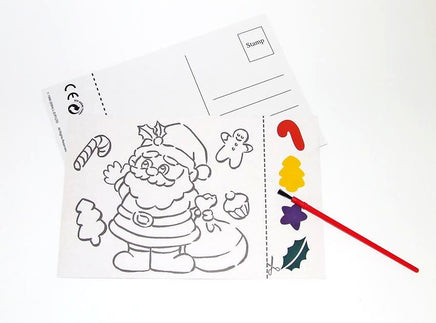 6er Set Weihnachtskarten zum Selbstbemalen, mit roten Pinsel und 4 Farbklecksen in Rot, Gelb, Blau, Grün, Motiv zeigt Weihnachtsmann mit kleinen Symbolen: Zuckerstange, Lebkuchenmann, Cup Cake, Tanne