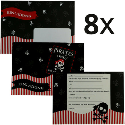 8er Set Einladungskarten Kindergeburtstag "Pirates only" mit Kuvert in den Farben: Schwarz, Rot-Weiß gestreift mit Totenköpfen und vorgeschriebenen Einladungstextbausteinen