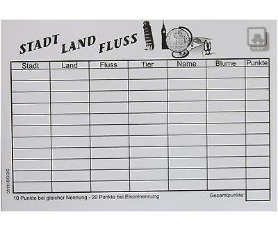 A6 Spielblock "Stadt Land Fluss" mit 40 Blatt, Suchbegriffe: Stadt,Land,Fluss,Tier,Name und Blume