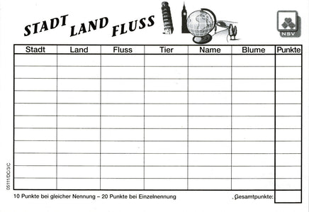 A6 Spielblock "Stadt Land Fluss" mit 40 Blatt, Suchbegriffe: Stadt,Land,Fluss,Tier,Name und Blume