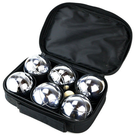 Boule Set mit 6 schweren Metallkugeln in schwarzer Stofftragetasche