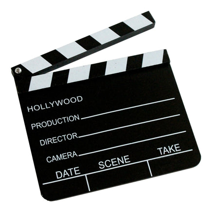Filmklappe "Hollywood" 20x18cm, Schwarz-Weiß zum Klappen, mit Aufschriften: Hollywood, Production, Director, Camera, Date, Scene, Take