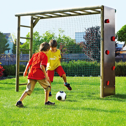 Fußballtor mit Kletterwand und Sprossenleiter, Rundholz, mit farbigen Klettersteinen