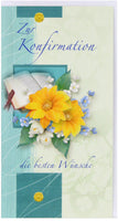 Glückwunschkarte zur Konfirmation mit Blumenmotiv, Chrysantheme gelb mit blauen Hintergrund