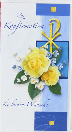 Glückwunschkarte zur Konfirmation mit Blumenmotiv, Rosen gelb, mit blauen Hintergrund