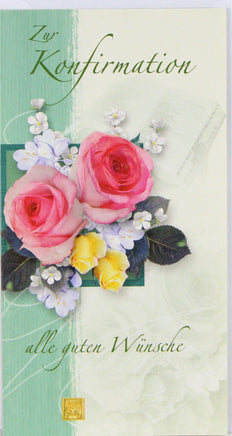 Glückwunschkarte zur Konfirmation mit Blumenmotiv, Rosen Rosa mit mintgrünen Hintergrund