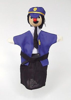 Handpuppe "Polizist" für Puppentheater 28 cm, blau-schwarz gekleidet mit Hut, Holzkugelkopf mit Wollhaaren und roter Perlennase