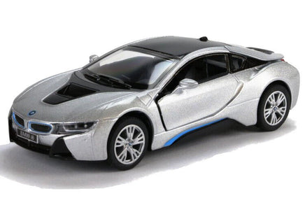 Kinsmart Modellauto BMW i8 silber 13cm, silberne Felgen, schwarzes Dach, hellblaue Kühlerumrandung