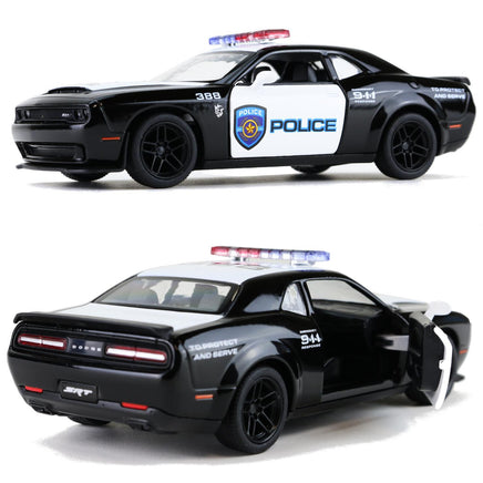Kinsmart Modellauto Dodge Challenger SRT Demon 170 Polizei 13cm, schwarze Lackierung und Felgen, Motorhaube/Dach/Kofferraum weiß abgesetzt, mit "Police" Schriftzug und Logo sowie Sirenenlichtleiste