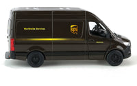 Kinsmart Modellauto Mercedes Benz Sprinter UPS 12,5cm in dunkelbraun, mit UPS-Logo und Schriftzug "Worldwide Services", Seitenansicht