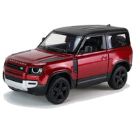 Kinsmart Modellauto Land Rover Defender 13cm, mit schwarzen Dach, Felgen + Ersatzrad, Schriftzug "DEFENDER" auf Motorhaube, Farbvariante: Weinrot