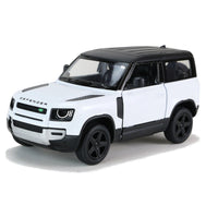 Kinsmart Modellauto Land Rover Defender 13cm, mit schwarzen Dach, Felgen + Ersatzrad, Schriftzug "DEFENDER" auf Motorhaube, Farbvariante: Weiß