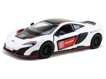 Kinsmart Modellauto McLaren 675LT - 13cm, mit Flügeltüren, schwarze Felgen+ Außenspiegel, schwarzes Dach, mit weißen"Mc Laren" Schriftzug an Tür rot hinterlegt, Farbvariante: Weiß