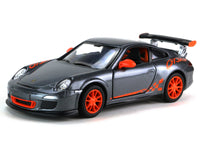 Kinsmart Modellauto Porsche 911 GT3 RS 13cm, Heckspoiler, "GT3RS" Schriftzug / Außenspiegel/ Felgen und Kühlergrillumrandung in orange, Farbvariante: Grau-Metallic