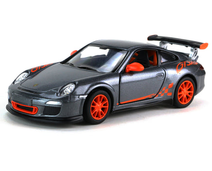 Kinsmart Modellauto Porsche 911 GT3 RS 13cm, Heckspoiler, "GT3RS" Schriftzug / Außenspiegel/ Felgen und Kühlergrillumrandung in orange, Farbvariante: Grau-Metallic