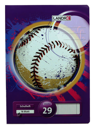 LANDRÉ Schulhefte & -blöcke kariert liniert Grundschule, Variante: Schulheft kariert L29 A4 , 16 Blatt, Cover: Blau-Rot-Lila mit Baseball