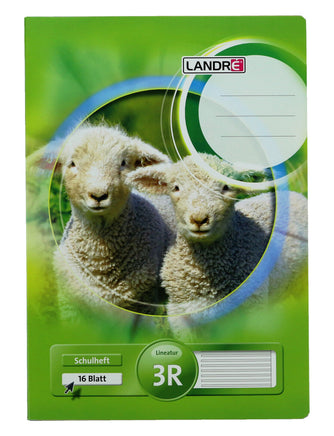LANDRÉ Schulhefte & -blöcke kariert liniert Grundschule, Variante: Schulheft liniert L 3R A4 , 16 Blatt, Cover: Grün mit Schafen