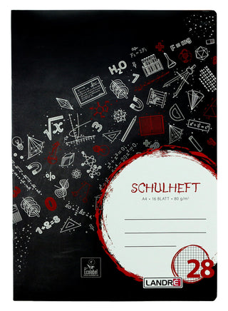 LANDRÉ Schulhefte & -blöcke kariert liniert Grundschule, Variante: Schulheft kariert L28 A4 , 16 Blatt, Cover: Schwarz mit weißen und roten Schulsymbolen