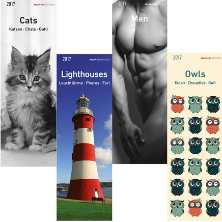 Lesezeichenkalender 2017 mit 12 Motiven als Lesezeichen, Varianten: Katzen, Leuchttürme, Männer, Eulen