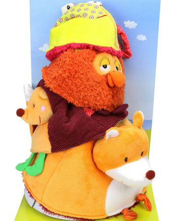 Lilliputiens stapelbare Kuscheltiere mit Wendefunktion, bestehend aus: Hund, Igel, Eule und Frosch