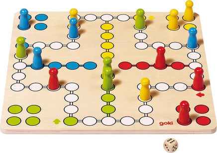 Ludo Brettspiel klassisch für 4 Mitspieler, 28x28cm, helles Holzbrett mit weißen Spielfeldern, Spielfiguren in Hellblau, Gelb, Rot, Hellgrün