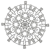 Mandala Malblock für Kinder, Beispiel Motiv mit Hasen, Blumen und Möhren