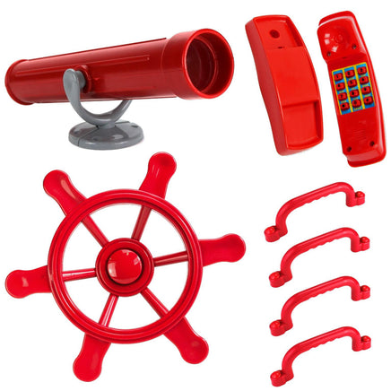 Mega Spielturm Zubehör Set mit 4 Handgriffen, 1 Fernrohr, 1 Steuerrad, 1 Telefon in Rot