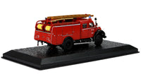 Modellauto Feuerwehr TLF16 Magirus Deutz Mercur 125A - 1:72, Rückansicht mit eingerollten gelben Löschschläuchen,Schriftzug Tür "Feuerwehr Solingen", originalgetreu gestaltet in rot, mit Leiter auf Dach