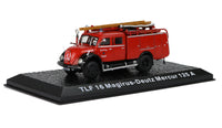 Modellauto Feuerwehr TLF16 Magirus Deutz Mercur 125A - 1:72, Seitenansicht, Schriftzug Tür "Feuerwehr Solingen", originalgetreu gestaltet in rot, mit Leiter auf Dach