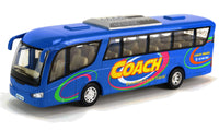 Modellauto Fernreisebus Coach Travel 18cm, mit Schriftzug "COACH - Excellent Coach Travel", farbig mit dünnen Kreisen gestaltet, Farbvariante: Blau