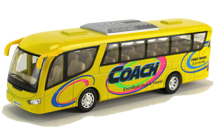 Modellauto Fernreisebus Coach Travel 18cm, mit Schriftzug "COACH - Excellent Coach Travel", farbig mit dünnen Kreisen gestaltet, Farbvariante: Gelb