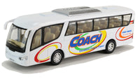 Modellauto Fernreisebus Coach Travel 18cm, mit Schriftzug "COACH - Excellent Coach Travel", farbig mit dünnen Kreisen gestaltet, Farbvariante: Weiß
