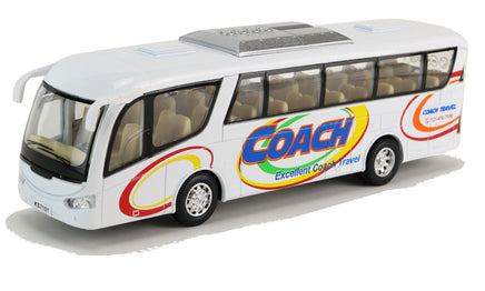 Modellauto Fernreisebus Coach Travel 18cm, mit Schriftzug "COACH - Excellent Coach Travel", farbig mit dünnen Kreisen gestaltet, Farbvariante: Weiß