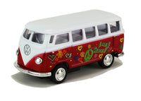 Modellauto VW T1 Bus "Flower Power" 7cm, mit weißen Dach, Seite farbenfroh gestaltet mit "Love & Peace" Schriftzug sowie Herz-,Blumen- und Peacesymbolen, Farbvariante: Rot
