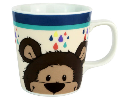 NICI Porzellan Tasse verschiedene Motive mit Tieren, Variante: 40498 Classic Bär, cremefarbener Hintergrund mit blau-türkisen Streifen am oberen Rand, farbige Tropfen als Muster, Bärengesicht in dunkelbraun