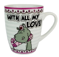 NICI Porzellan Tasse verschiedene Motive mit Tieren, Variante: 34206 Nillpferd with Love, Schriftzug "WITH ALL MY LOVE!", weiß mit pinker Umrandung und Akzenten, Nilpferd trägt Blumenkette und Blüte auf Kopf in rosa-pink