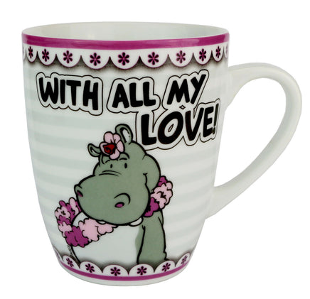 NICI Porzellan Tasse verschiedene Motive mit Tieren, Variante: 34206 Nillpferd with Love, Schriftzug "WITH ALL MY LOVE!", weiß mit pinker Umrandung und Akzenten, Nilpferd trägt Blumenkette und Blüte auf Kopf in rosa-pink