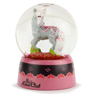NICI  Schneekugel verschiedene Figuren 6cm, in den Variante: Pferd-Horse Club 35366, altrosa-schwarze Halterung mit Aufdruck "Nici Horse Club", Pferd hellgrau-weiß, pinker Glitzer/Schnee