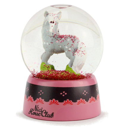 NICI  Schneekugel verschiedene Figuren 6cm, in den Variante: Pferd-Horse Club 35366, altrosa-schwarze Halterung mit Aufdruck "Nici Horse Club", Pferd hellgrau-weiß, pinker Glitzer/Schnee