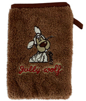 NICI Waschhandschuh flauschig Mikrofaser Jolly Wolf braun mit roten Schriftzug "Jolly Wolf"