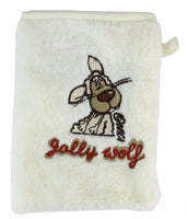 NICI Waschhandschuh flauschig Mikrofaser Jolly Wolf weiß/cremefarben mit roten Schriftzug "Jolly Wolf"
