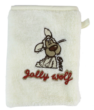 NICI Waschhandschuh flauschig Mikrofaser Jolly Wolf weiß/cremefarben mit roten Schriftzug "Jolly Wolf"