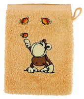 NICI Waschhandschuh kuschlig Baumwolle, Variante: Affe orange, brauner Affe, Waschhandschuh orange, mit 3 Schmetterlingen in gelb-rot